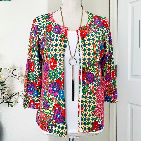 TALBOTS Colorful Geo & Floral Print Button-Up Cardigan Sweater Womens Sz… - Picture 3 of 13
